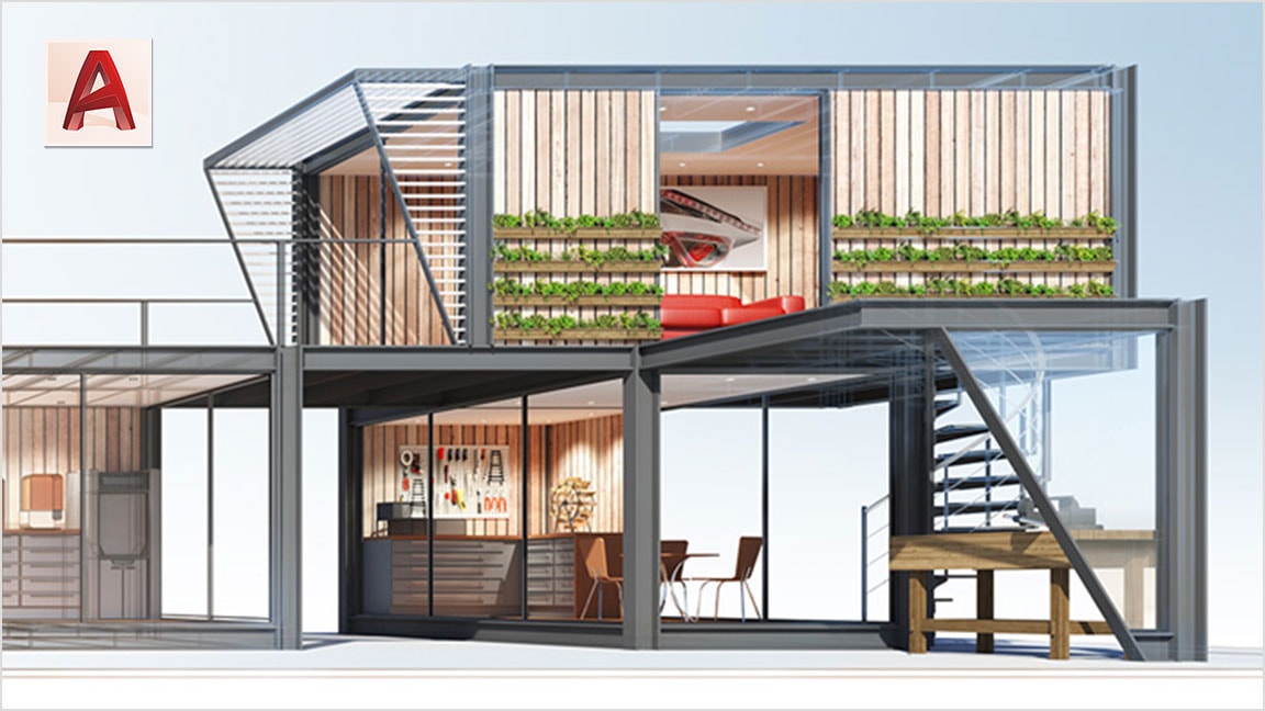 A 2D CAD model of a modern two-story structure with three rooms including an office, workshop, and living space.